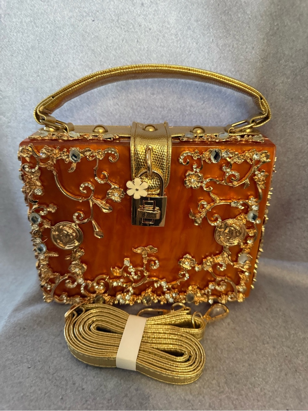 Elegant Amber Acrylic Box Clutch/Crossbody Evening Bag with Gold Embellishments